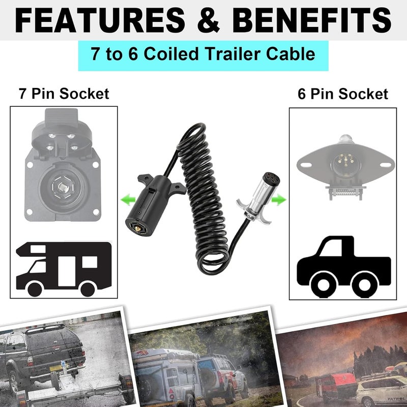 CXTM 7 Pin to 6 Pin Trailer Adapter, Coiled Trailer Cord Stretches to 6 Feet,7-Wire to 6-Wire Coiled Cable RV 7 to 6 Trailer Wiring Extension Cord - Image 2